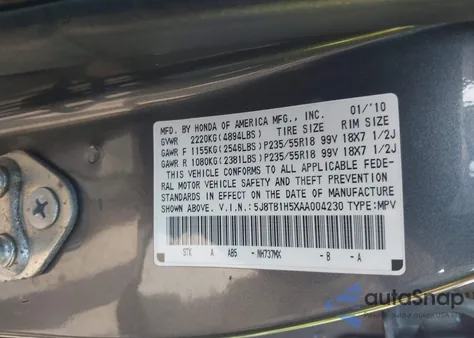 2010 Acura Rdx из США, поврежденный, VIN 5J8TB1H5XAA004230